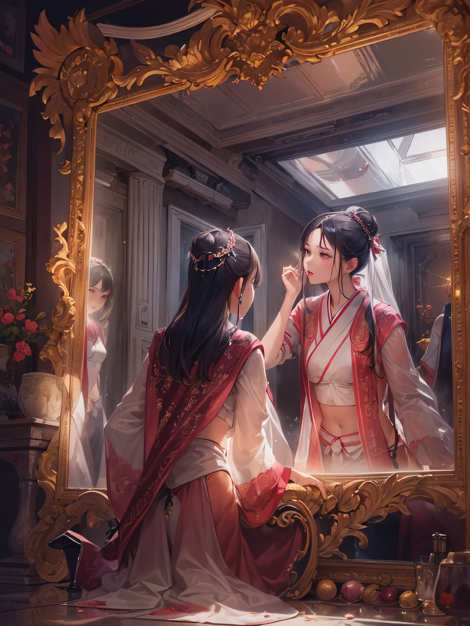 ((Finest quality)),(超A high resolution),(ultra-detailliert),(Meticulous portrayal),((Best CG)),(Finest works of art),Ultra-Precision Art,The art of astounding depiction,(Art with precise depiction in every detail:1.5), (1人の女性:1.6),((Her reflection in the mirror:1.6)),Beautiful and well-groomed face,Light makeup,