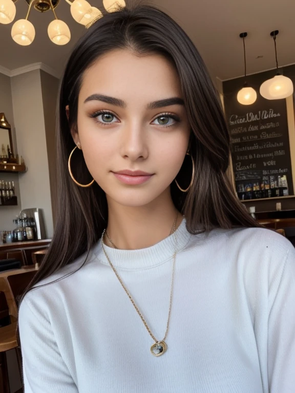 Photo of a 20 year old brunette woman, that has a very natural face, thin lips, thin eyes, thin eyebrows, thin nose, earrings, long eyelashes. She makes a cute selfie in a cafe