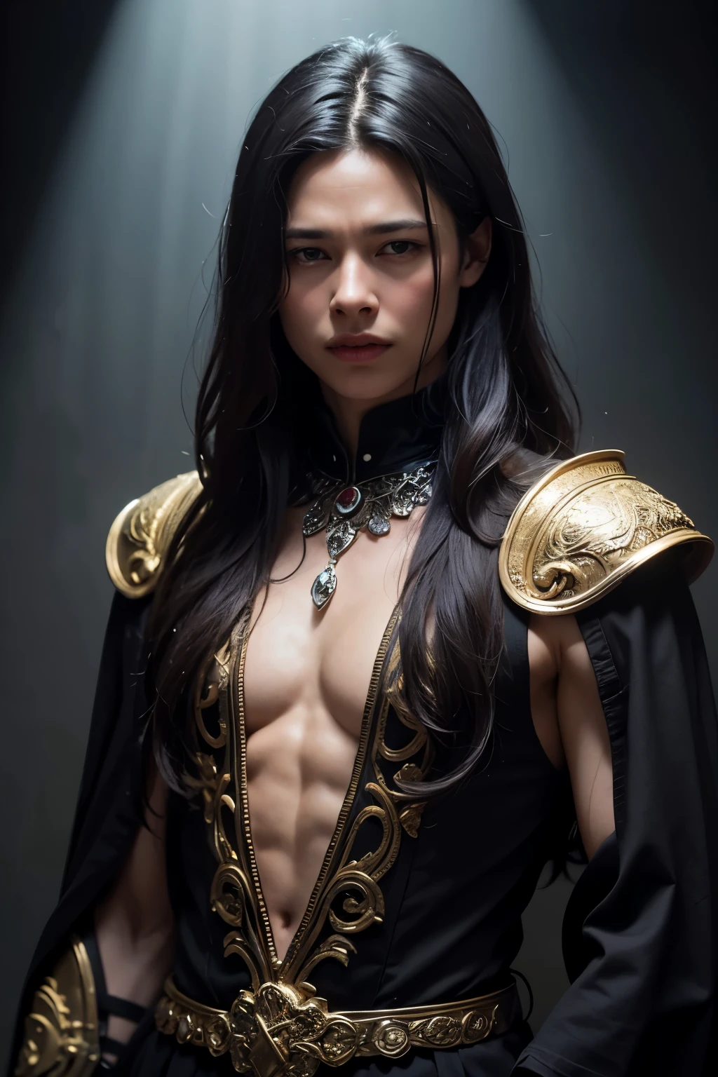 ((best quality)), ((masterpiece)), (detailed), perfect face, Brad Pitt, his face illuminated by a soft, warm glow as if emanating from within, his eyes piercing through the viewer. He is clad in gothic ancient clothes, made of dark, flowing fabrics adorned with intricate gold embroidery and jewels, revealing his toned physique. His skin has an ethereal quality, seemingly translucent in the dim light, and his long, dark hair falls in loose waves around his face, framing it elegantly. The background is shrouded in darkness, adding to the mysterious and otherworldly atmosphere. The lighting casts long shadows across his body, emphasizing his defined features and powerful presence. The overall impression is that of an ancient god, a darkness god, a being who has existed for millennia and has watched humanity rise and fall through the ages.