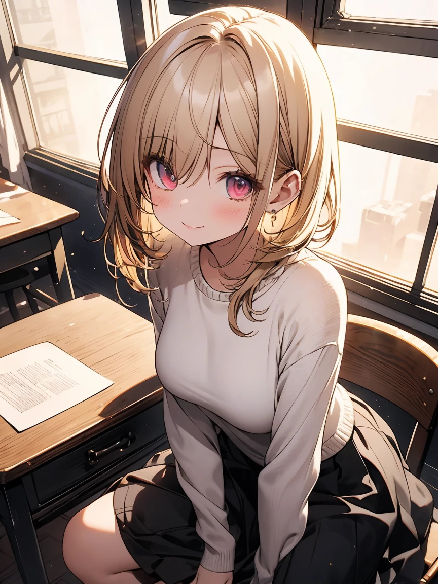 masterpiece, absurdres, best quality, ultra detailed, high Resolution, detailed illustration, extremely beautiful detailed face and eyes, bright colour, 1girl, (li), cute face, Delicate beautiful face, magenta eyes, cute eyes, sparkling eyes, big eyes, medium breasts, (perky breasts:1.1), (pointy breasts:1.1), medium hips, glamorous body, white skin, grin, BREAK, long bob cut, (blonde hair:0.8), messy hair, detailed hair, shiny hair, BREAK sweater, long skirt, tiny ribbon, study, at class room, desk, note, sitting chair, universe, real world, natural lights, perfect lighting,
