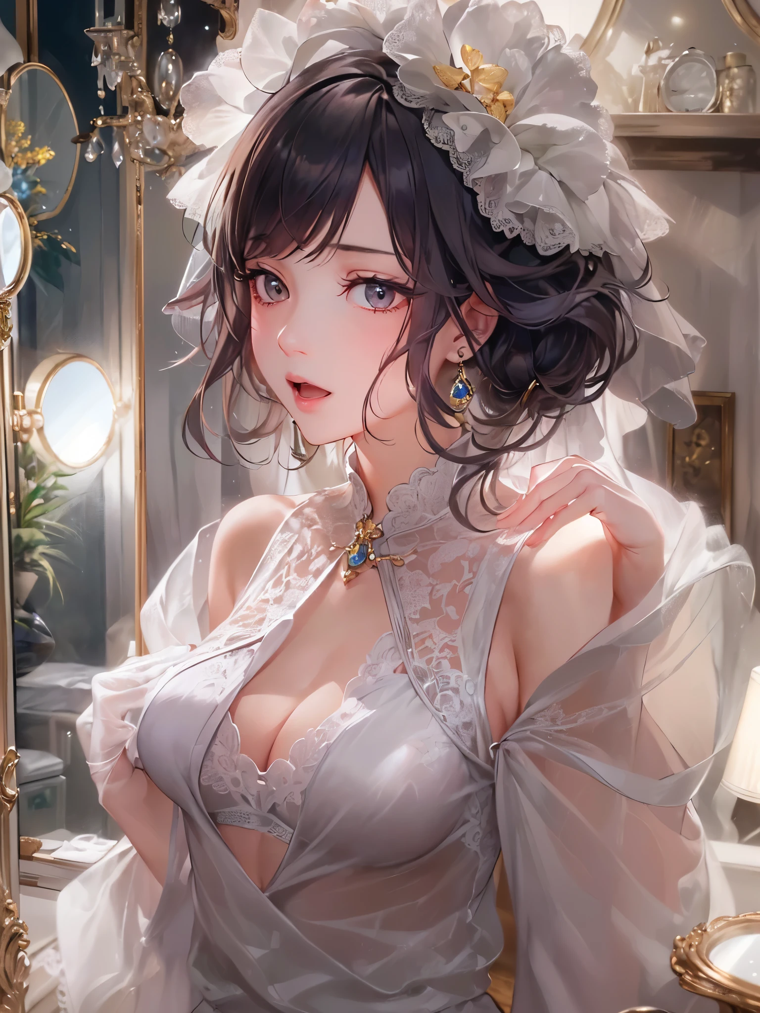 ((Finest quality)),(超A high resolution),(ultra-detailliert),(Meticulous portrayal),((Best CG)),(Finest works of art),Ultra-Precision Art,The art of astounding depiction,(Art with precise depiction in every detail:1.5), (1人の女性:1.6),((Her reflection in the mirror:1.6)),Beautiful and well-groomed face,Light makeup,