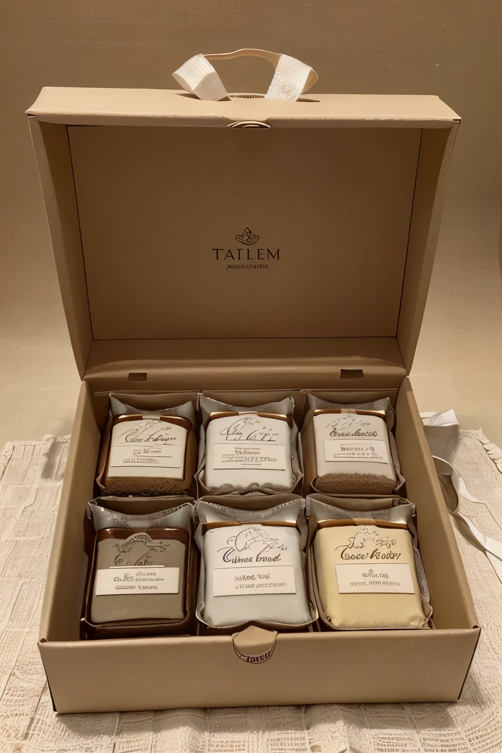 An exquisite plain gift box. The appearance of the gift box has a soft matte texture. The box is in an open state. There is no logo text or pattern on the entire appearance. You can clearly see each content, and each brewing tea bag is. Individually wrapped, tea bags are neatly arranged inside the gift box using dividers