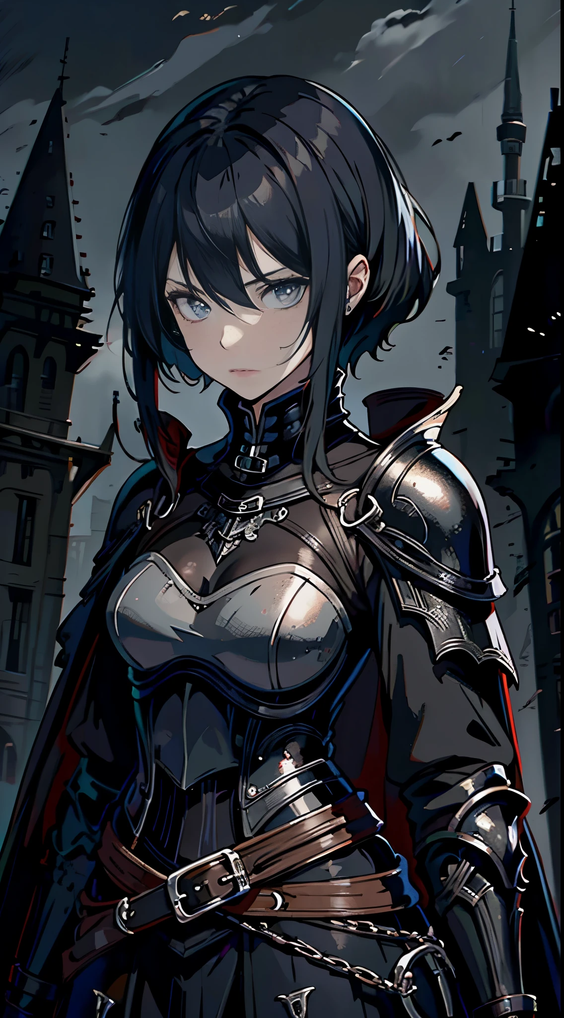 gloomy goth emo female knight, depressed, cloudy foggy misty setting, vast desolate field, castle in far distance, black eyeliner, black eyeshadow, tomboy, short hair, hair between eyes, side-locks, medieval intricate elaborate knight armor, narrow waist, wide hips, overcast