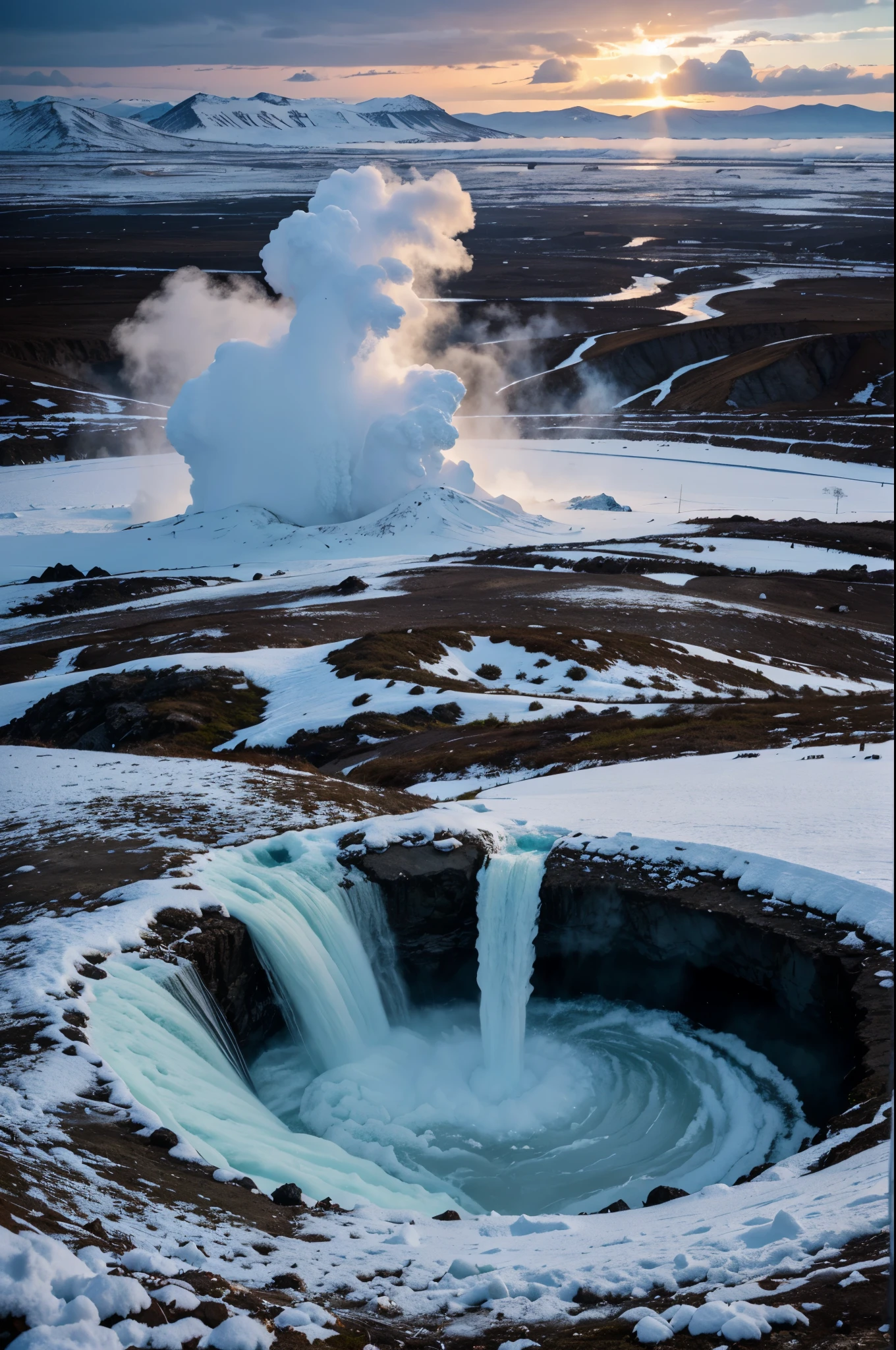 Landscape of geysers in Kamchatka, in winter, Against the backdrop of the ocean