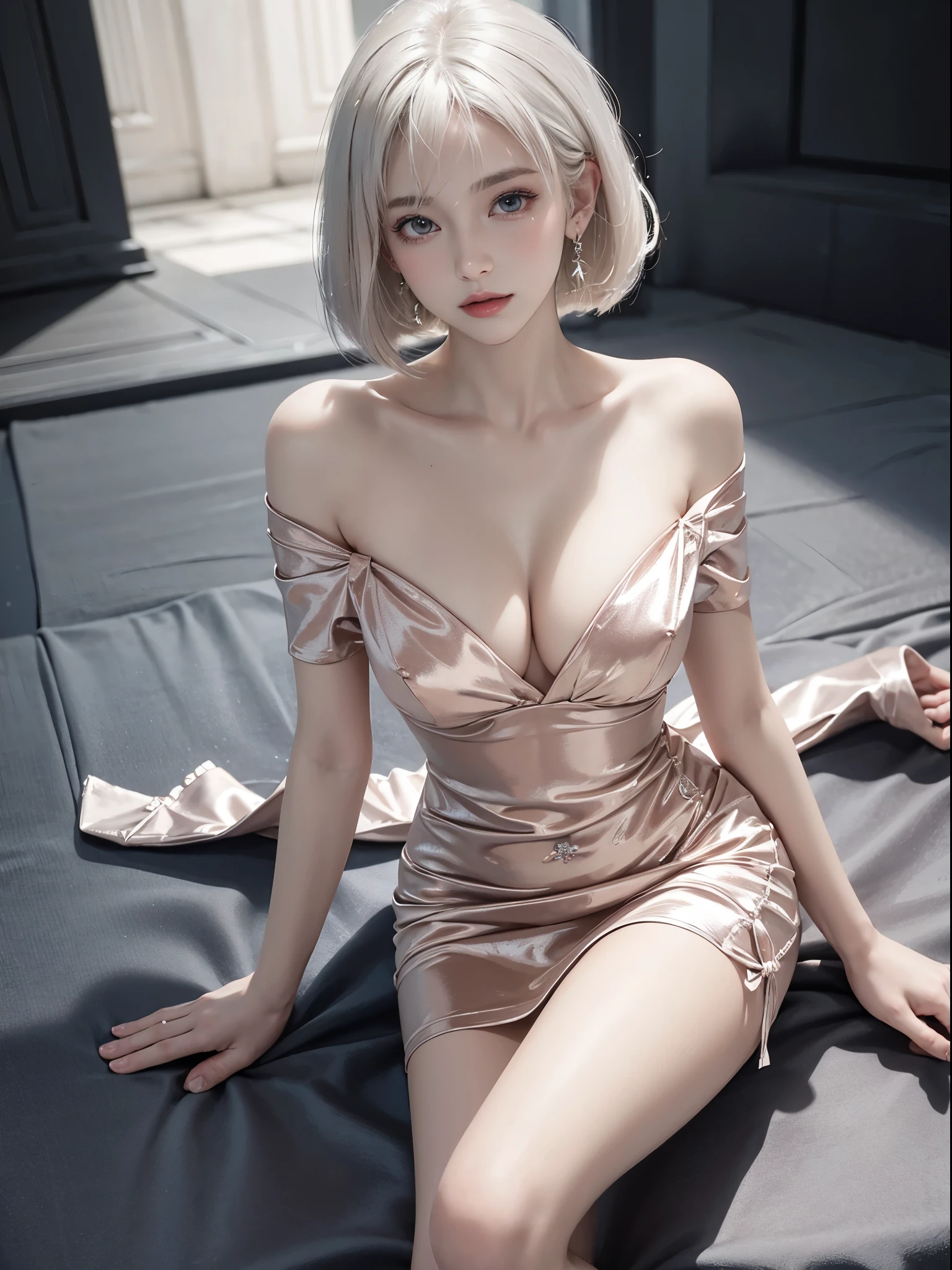 short sleeves,off shoulder, dress, Platinum blonde fine hair、silky straight hair、Big eyes with bangs and eyeliner、Nordic youth、perfect body figure、A plump chest、Chopping、Very beautiful and lovely、White muscle、Skin glows、Young and beautiful skin、Perfect and beautiful little face、Shiny makeup、Thin pink lip gloss expression、girl、lipsticks、Deceptive advertising、{steams}、Audience point of view、Primetime Lightokeh Atmosphere Perspective、Detailed film light、Complicated details、A high resolution、 Detailed features of the facial design、high detal、Clear focus、Smoothness、aesthetics、print、Octane renderer、{{tmasterpiece}}