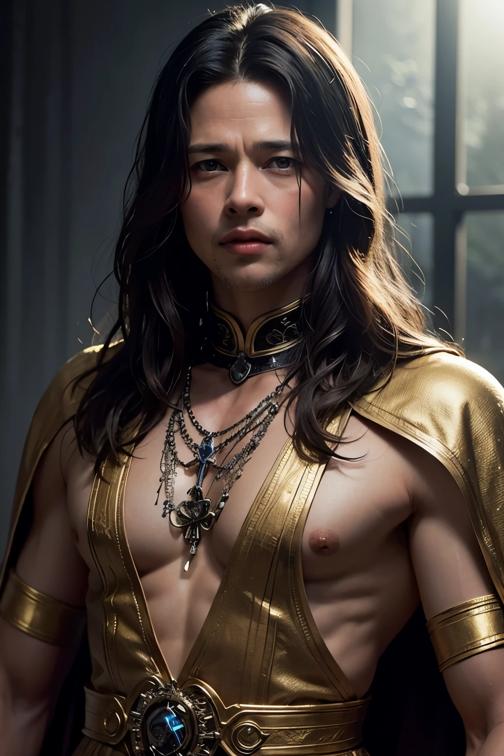 ((best quality)), ((masterpiece)), (detailed), perfect face, Brad Pitt, his face illuminated by a soft, warm glow as if emanating from within, his eyes piercing through the viewer. He is clad in gothic ancient clothes, made of dark, flowing fabrics adorned with intricate gold embroidery and jewels, revealing his toned physique. His skin has an ethereal quality, seemingly translucent in the dim light, and his long, dark hair falls in loose waves around his face, framing it elegantly. The background is shrouded in darkness, adding to the mysterious and otherworldly atmosphere. The lighting casts long shadows across his body, emphasizing his defined features and powerful presence. The overall impression is that of an ancient god, a darkness god, a being who has existed for millennia and has watched humanity rise and fall through the ages.