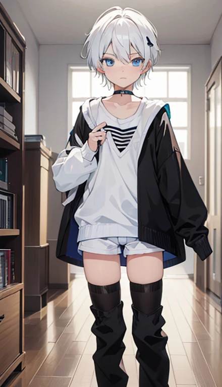 (((1boy))), femboy, White hair, blue eyed ass, Big thighs, Slim waist, smug, cute little, Living room settings, Short shorts, Sweaters, Blushing, full-body view, Super masterpiece, hard disk, comfortable atmosphere, (((flat chest)))