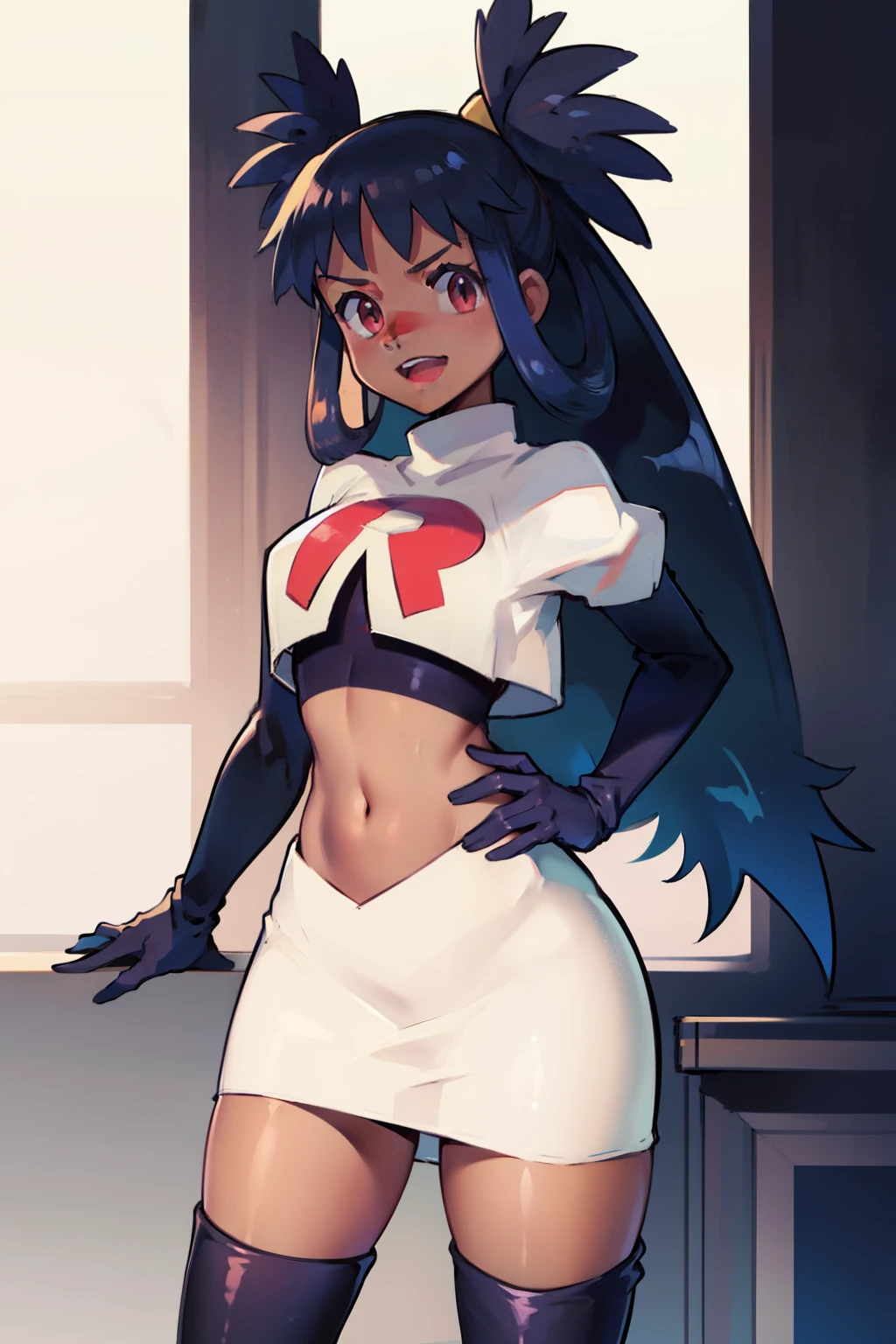 irisa, dark skin, glossy lips ,team rocket,team rocket uniform, red letter R, white skirt,white crop top,black thigh-high boots, black elbow gloves , looking at viewer, evil smile