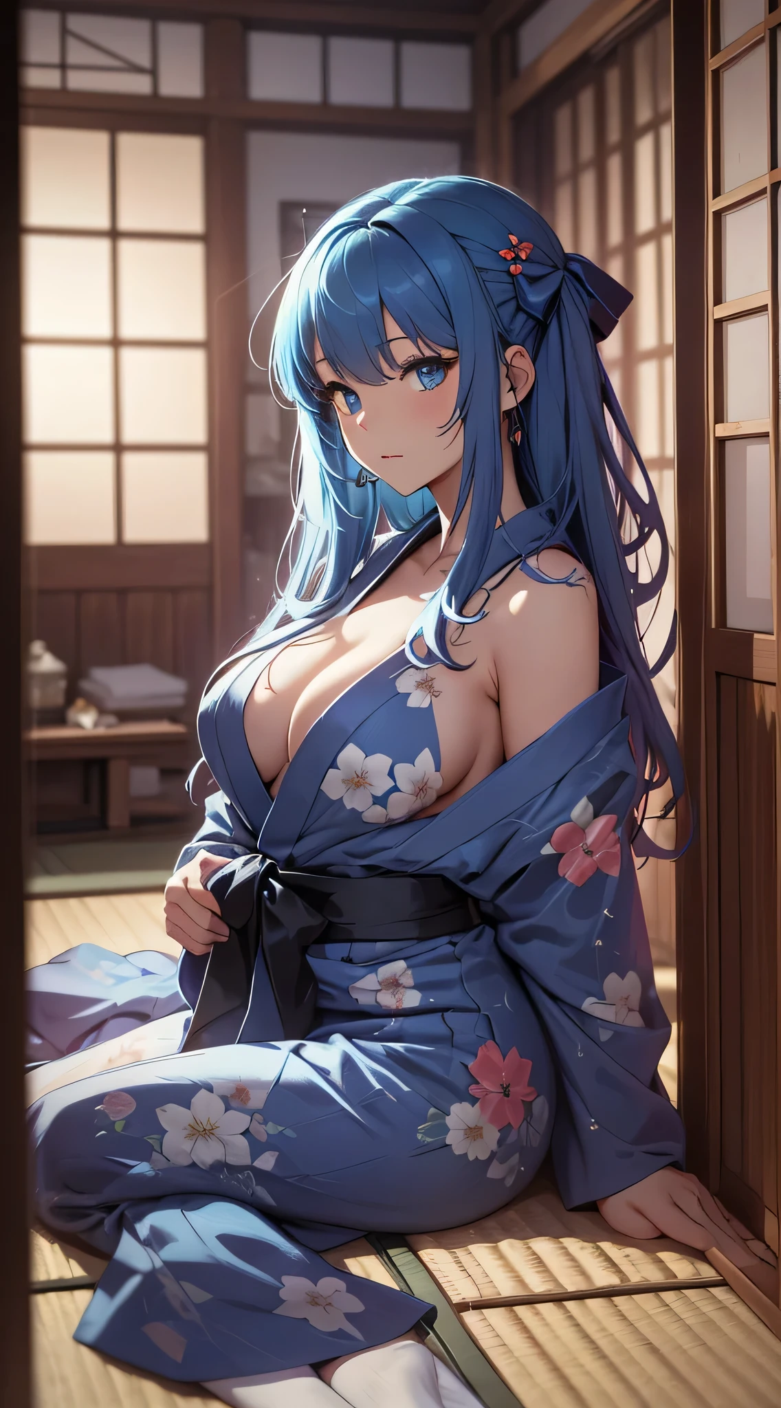 top-quality、Top image quality、masterpiece、s girl((18year old、 Ager、Best Bust、Medium bust,wide open breast tea、light blue eyerest, Black and light blue hair、A slender,Large valleys、dye one's cheeks red、disheveled black yukata、Sit up、Being drunk、Bright red in the face、Disturbed pose、sexypose、seductiv)),hiquality、Beautiful Art、Background with((Ryokans in Japan、Night Hostel、Ryokan rooms、Tatami mats、Sake))、masutepiece、depth of fields、movie、