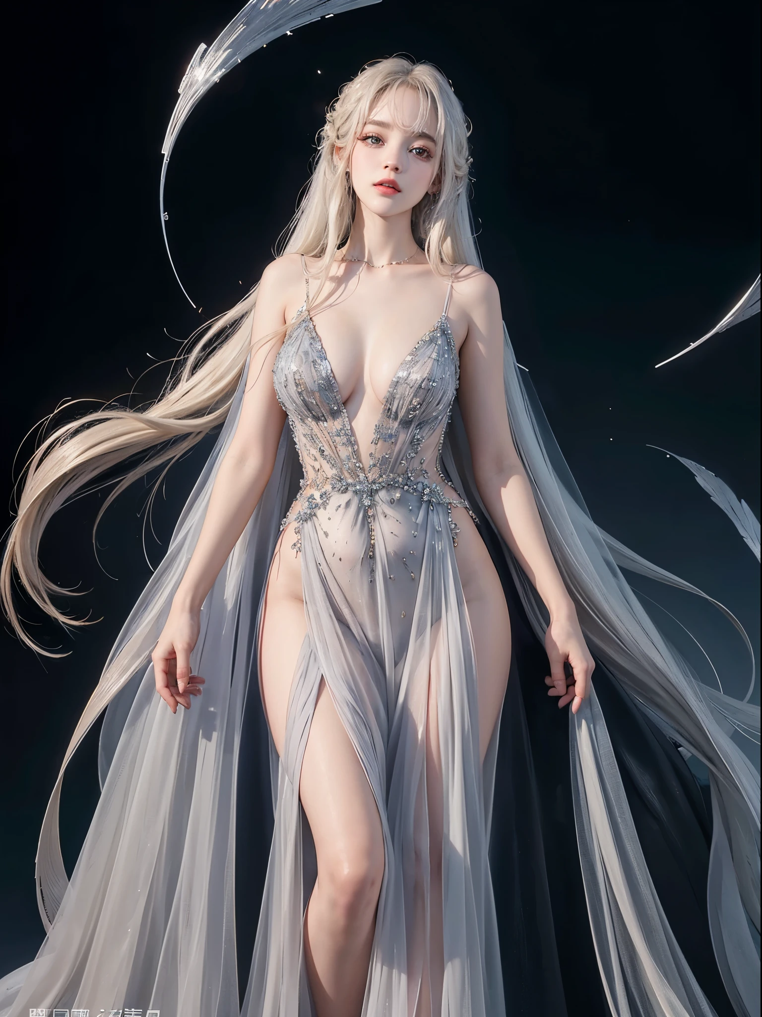 long dress,dress, Platinum blonde fine hair、silky straight hair、Big eyes with bangs and eyeliner、Nordic youth、perfect body figure、A plump chest、Chopping、Very beautiful and lovely、White muscle、Skin glows、Young and beautiful skin、Perfect and beautiful little face、Shiny makeup、Thin pink lip gloss expression、girl、lipsticks、Deceptive advertising、{steams}、Audience point of view、Primetime Lightokeh Atmosphere Perspective、Detailed film light、Complicated details、A high resolution、 Detailed features of the facial design、high detal、Clear focus、Smoothness、aesthetics、print、Octane renderer、{{tmasterpiece}}