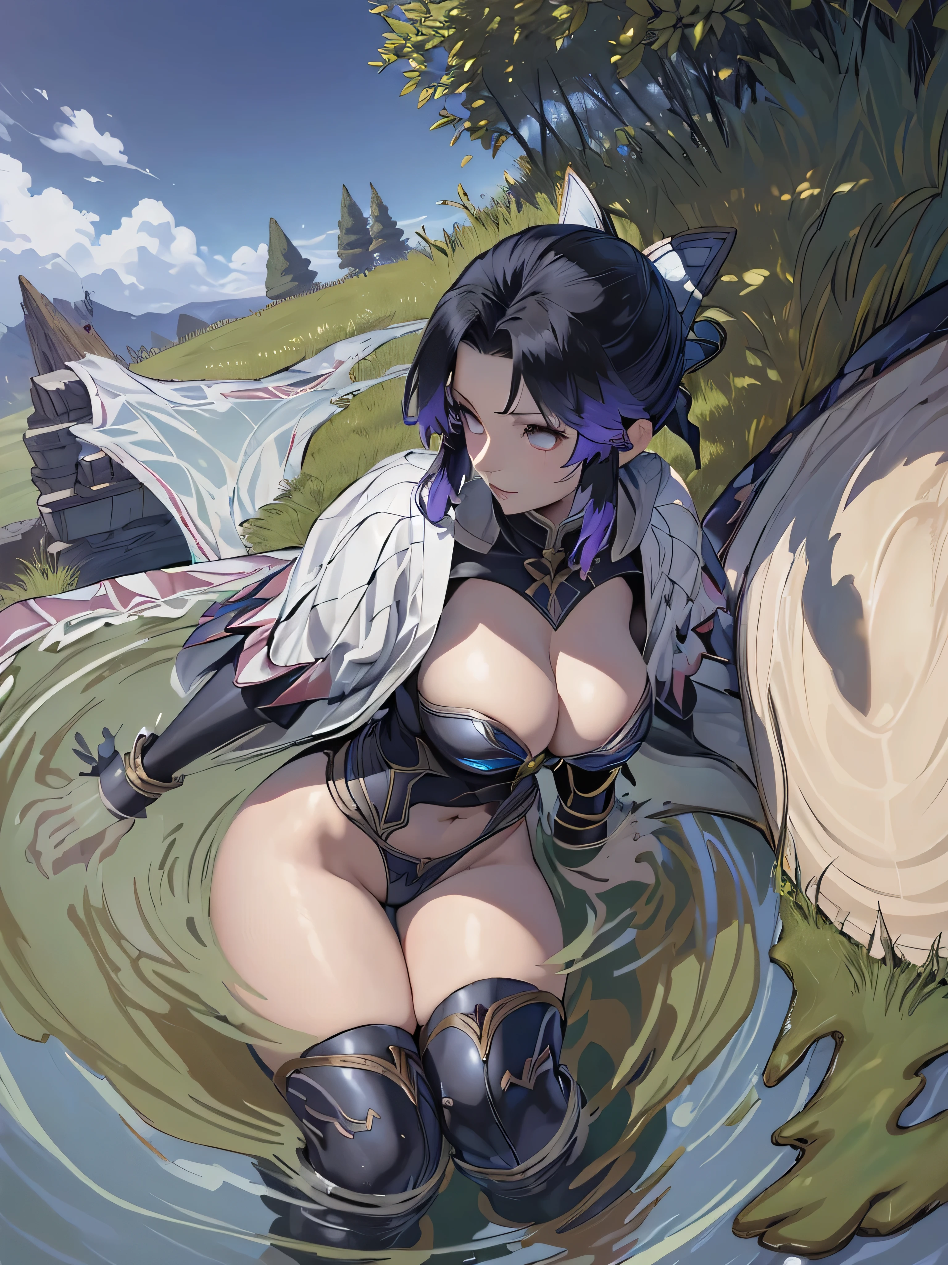 (top-quality、masterpiece、Ultra-detailed、8K)、1girl in、((Hu Dieren))、Full body、White cloak、Black Armor、cleavage of the breast、Fantasia、Leprechaun、katanas、long、hair adornments、outside of house、