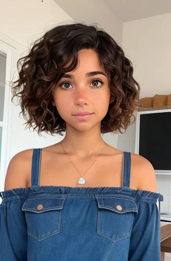 1girl, tan skin, freckles on nose, freckles on cheeks, short dark brown hair, hair clip, messy hair, blue eyes, wavy hair, gigantic breasts, narrow hips, very petite, loose crop top,