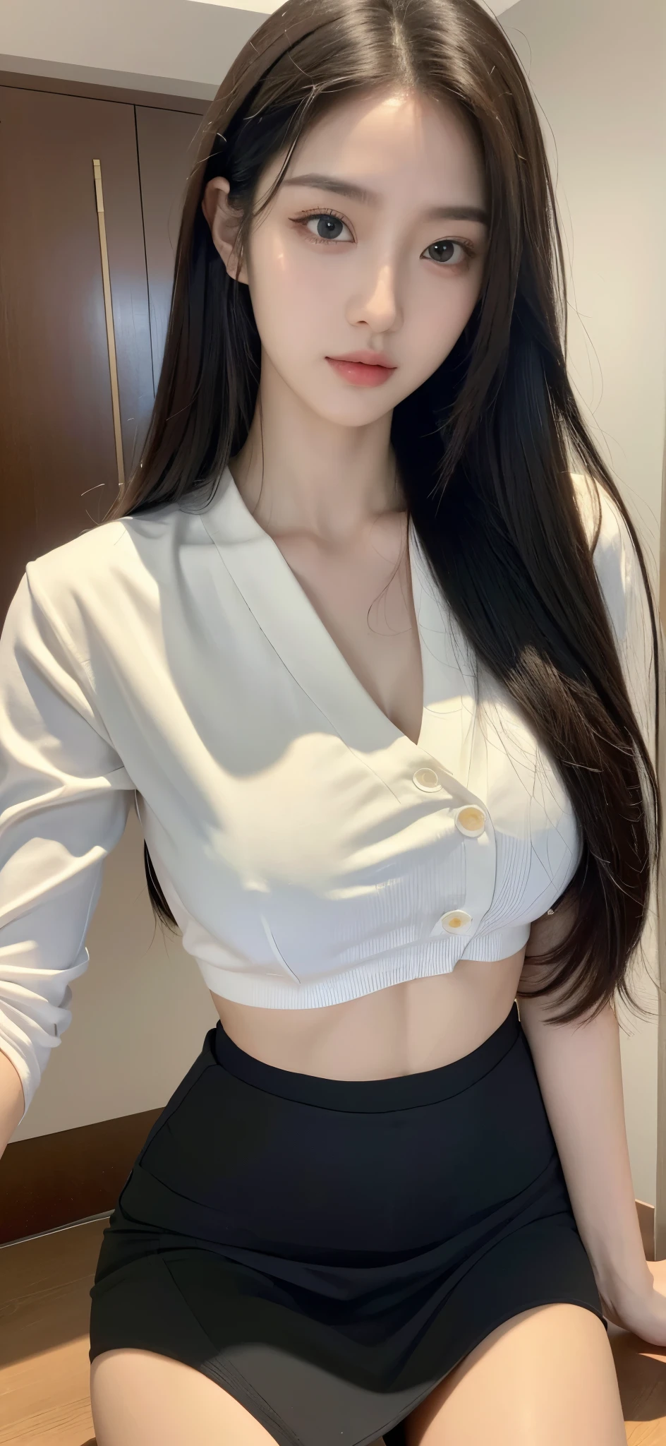 (Best quality at best, 8K, tmasterpiece, hyper HD: 1.3), (K-pop idol: 1.3), 1 , (bigger: 1.2), (long whitr hair), Abs, perfect bodies, Ultra-fine face, Delicate, pretty eyes, 二重まぶた, Hands are super thin, Ultra-thin fingers, short skirt (sweltering) (()) ,开衫elegant , detailed , elegant , Luxury hotel 5 star,