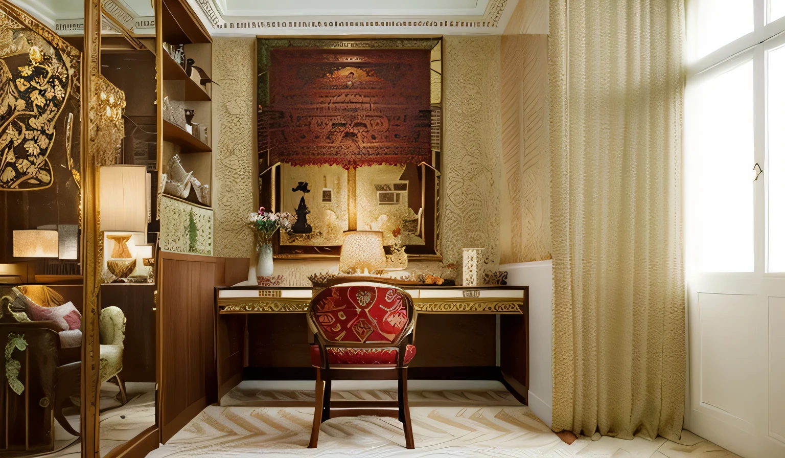 The ceiling is designed to be high and embellished with traditional details such as floral patterns, creating an elegant and charming atmosphere. The main wall often utilizes deep colors like red, dark green, or brown to accentuate the space. Classic paintings, fabric panels, or antique mirrors hung on the wall also add sophistication and refinement. The furniture comprises sofas and cushioned chairs crafted from premium materials and adorned with traditional floral patterns. A luxurious wooden coffee table with exquisite details or intricately carved floral motifs is chosen. Seating areas are creatively arranged to offer both comfort and functionality to the occupants. Natural light is embraced through large windows, creating a magnificent natural tableau within the room. Ornate chandeliers or decorative lights with a classic design, such as crystal pendant lamps or chandeliers, serve as focal points, enhancing the room's opulent beauty. Additionally, the use of decorative items like throw pillows, area rugs, or traditional patterned décor elements such as antique ceramics, handmade crafts further enriches the beauty and complexity of the living room space.