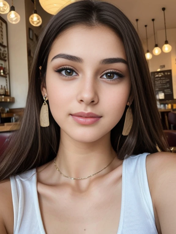 Photo of a 20 year old brunette woman, that has a very natural face, thin lips, thin eyes, thin eyebrows, thin nose, earrings, long eyelashes. She makes a cute selfie in a cafe