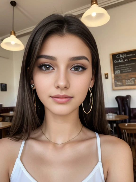 Photo of a 20 year old brunette woman, that has a very natural face, thin lips, thin eyes, thin eyebrows, thin nose, earrings, long eyelashes. She makes a cute selfie in a cafe