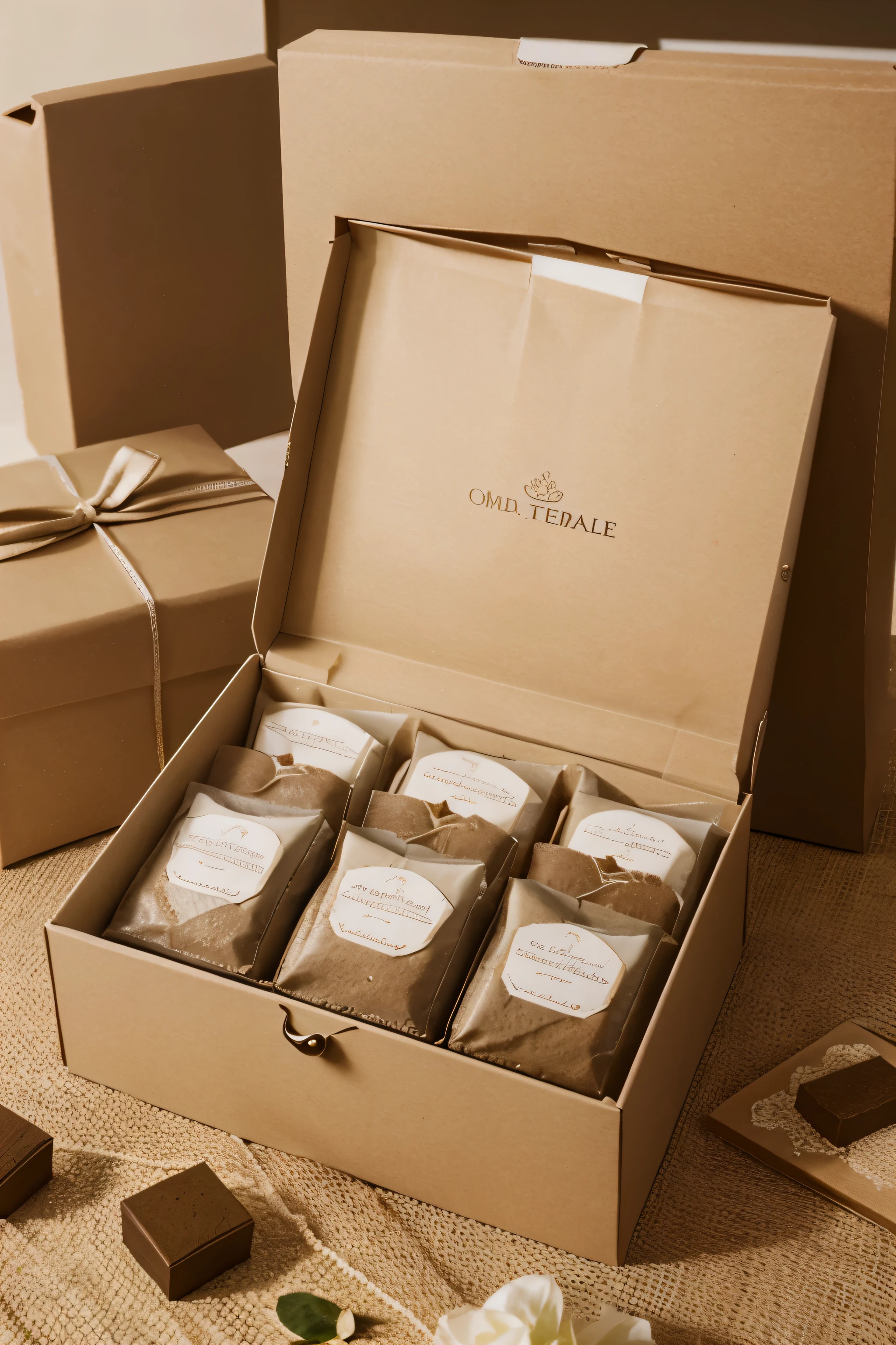 Exquisite plain gift box. The appearance of the gift box has a soft frosted texture. The box is open. The entire appearance is devoid of any logo text or graphics. Every content can be clearly seen, Each brewed tea bag is. Individually wrapped, Tea bags are neatly arranged inside the gift box through partitions