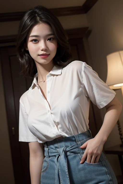 best quality, masterpiece, (photorealistic:1.4), 1girl, light smile, shirt with collars, waist up, dramatic lighting, from below