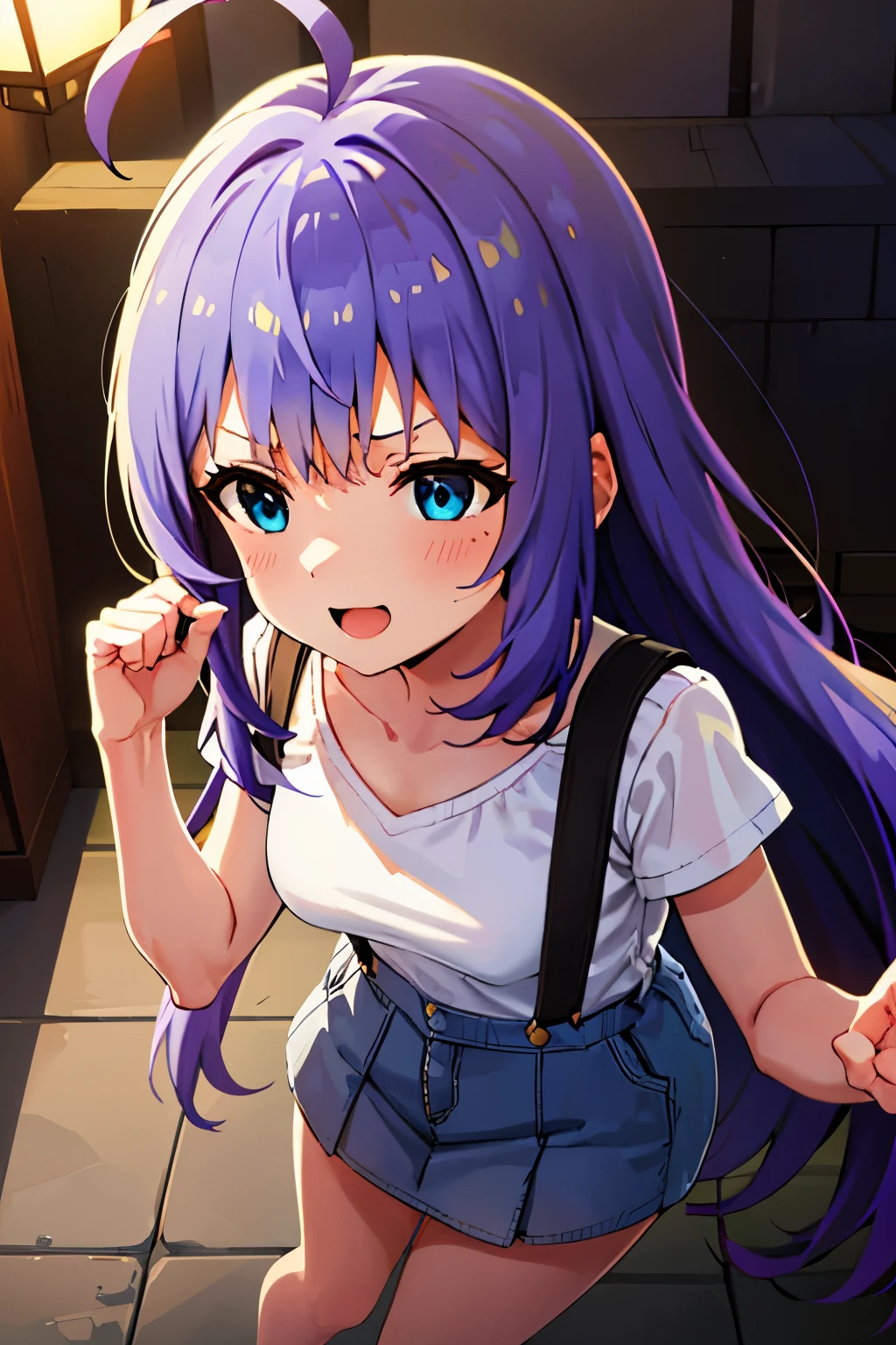 mochizuki anna,1girl in,Solo,Long hair,Purple hair,Medium chest.Ahoge,Blue eyes.Short stature.white t-shirts.suspenders.Skirt.Evening glow.the setting sun.Despair face.Sweat.Opening Mouth.up chest.Spread your arms.