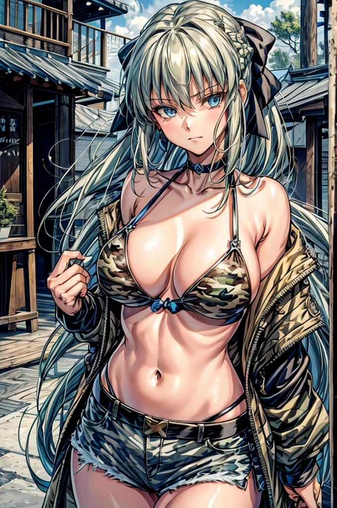（Enrich the picture，Masterpiece level quality）Beautiful 8K CG artwork,1girl,solo,morgan le fay (fate),detailed face, perfect face, perfect eyes,blue eyes,Long Hair, pony tail,Very long hair, big boob, black bow,Hair Bow, thights,side locks, French braid, grey hair,chuckle,Goddess-like posture,Kneeling exercise,Slim and soft,big breasts,Black Bikini,denim short shorts,military camouflage jacket,