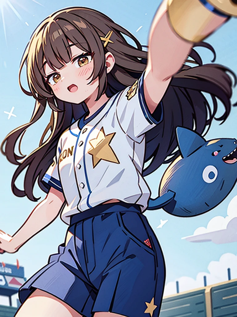 1 beautiful girl, (Solo), Wink, ((bluntbangs, Brown eyes, Long hair, ((Golden star hairpin on the right bangs)), ((baseball uniform)), ((indigo blue striped uniform)), Yokohama Taiyo Whales, uniform number.67, baseball field left field seats, jump up and down with excitement, Highkick, Looking forward,