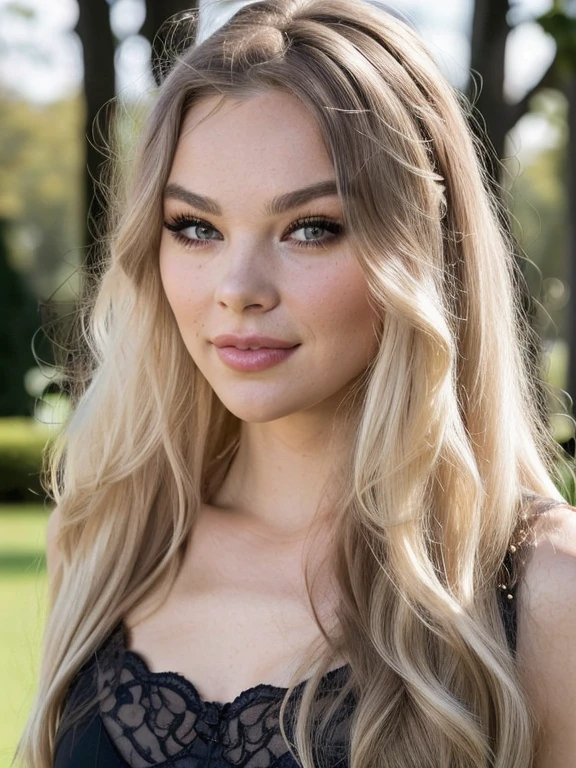 An America lady with a long blonde hair, fair complexion , dark brown eyes with long dark lashes, with her high cheeckbones and thickish lips around a well formed mouth that tells the beauty of the rest off her perfectly hourglass shaped body,