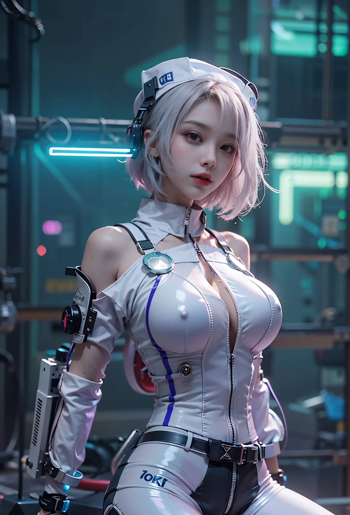 (8K, Raw foto, Best Quality, mastery:1.2), (realisitic, Realistis:1.37),(kpop-idol), (aegyo sal:1),Cute,Professional Lighting, photons mapping, radiosity, physics based rendering , , lucy \(The cyberpunk\), bob cuts, mechanical parts, Grey eyes, short soft pink hair, wearing white nurse cap and white Tight Suit with purple blue gradient essence, cyberpunk city, white pants, natta, neon lit, Sexy, smoke, looking up at viewer,, 8K High Resolution, 8K, CG wallpapers, realitic, clear background, Medium Tits, Body