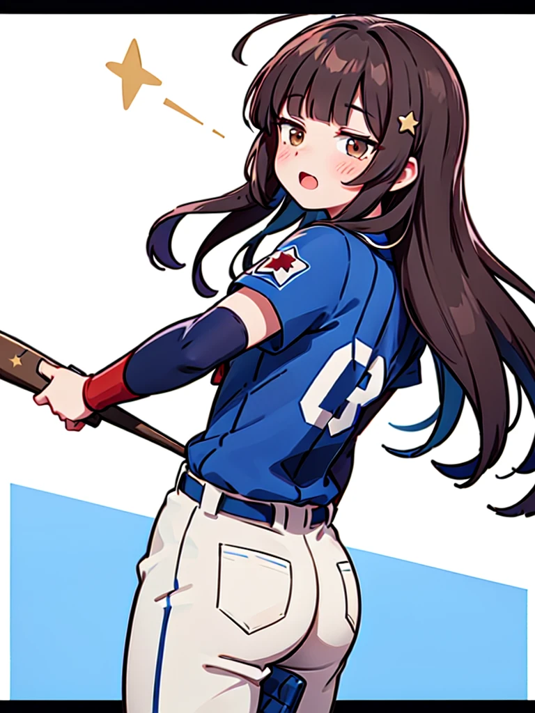 1 beautiful girl, (solo), wink, ((Blunt bangs)), brown hair, brown eyes, long hair, ((gold-star-hairpin on her right bang)), ((baseball uniform)), ((indigoblue stripe uniform)), YOKOHAMA TAIYO Whales, Uniform no.67, Left Wing Seats at the baseball stadium, jump up and down with excitement, high-kick, looking forward,