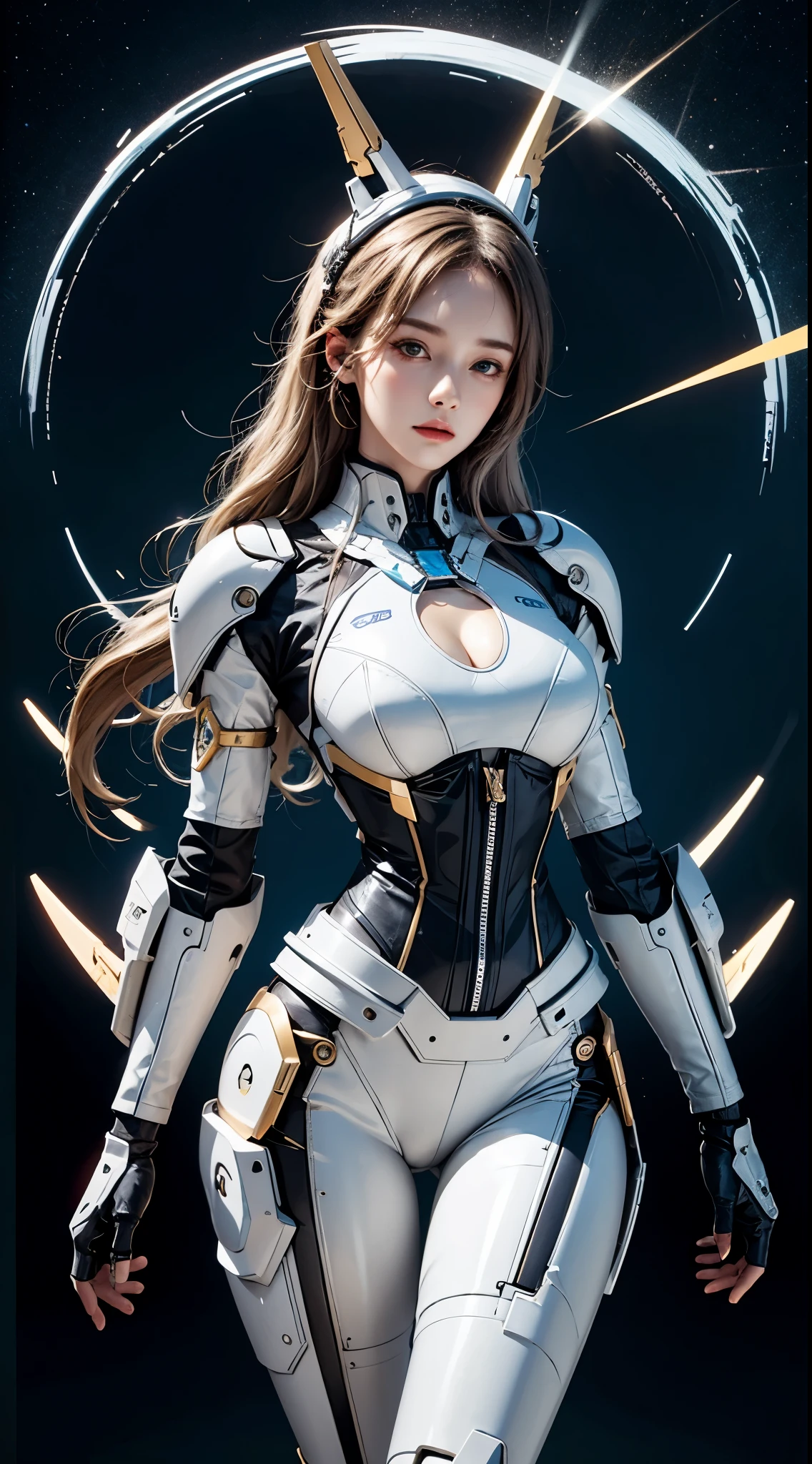 realisticlying, A high resolution, a 1 womone, hip-up, droid, Mecha Maiden,mechanicalparts, droid joints,single mechanical arm, Hats, Mechanical Aura,star halo,Complex mechanical body suit, mecha corset, Full A, White mecha body