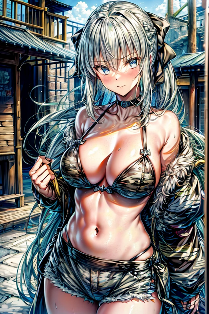 （Enrich the picture，Masterpiece level quality）Beautiful 8K CG artwork,1girl,solo,morgan le fay (fate),detailed face, perfect face, perfect eyes,blue eyes,Long Hair, pony tail,Very long hair, big boob, black bow,Hair Bow, thights,side locks, French braid, grey hair,chuckle,Goddess-like posture,Kneeling exercise,Slim and soft,big breasts,Black Bikini,denim short shorts,military camouflage jacket,