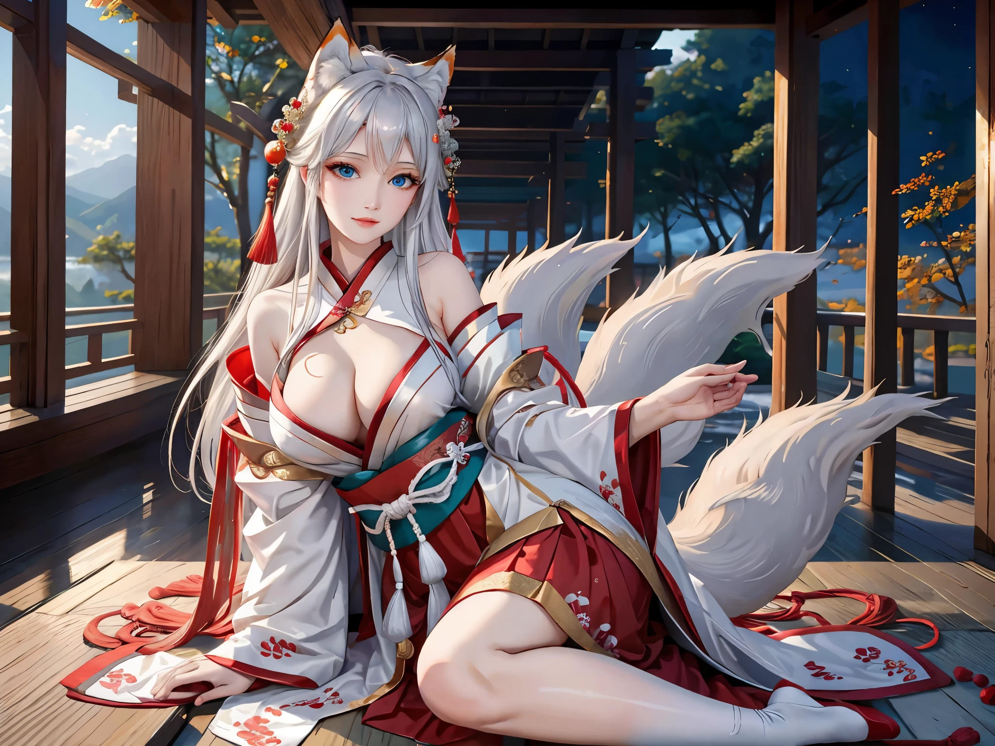 8k, best quality, masterpiece, highly detailed, semi realistic, a girl (solo), a beautiful kitsune woman, kitsune, kitsune nine - tailed fox, a beautiful fox lady, a girl in hanfu, sitting on a floor in front of a sun, buddhist halo, looking at viewer, big breasts, (white hair),blue eyes, buddhism, kneeling, divine aura