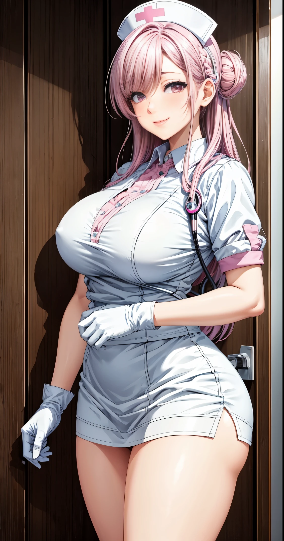 Masterpiece, best quality, ultra-detailed, Nurse,pink hair,medium hair,half updo,large hip, light smile, hospital,white gloves,white nurse uniform,pink eyes,chubby, nurse cap, small breasts,nurse bottoms,Stethoscope,white pants,
, best quality, amazing quality, very aesthetic,