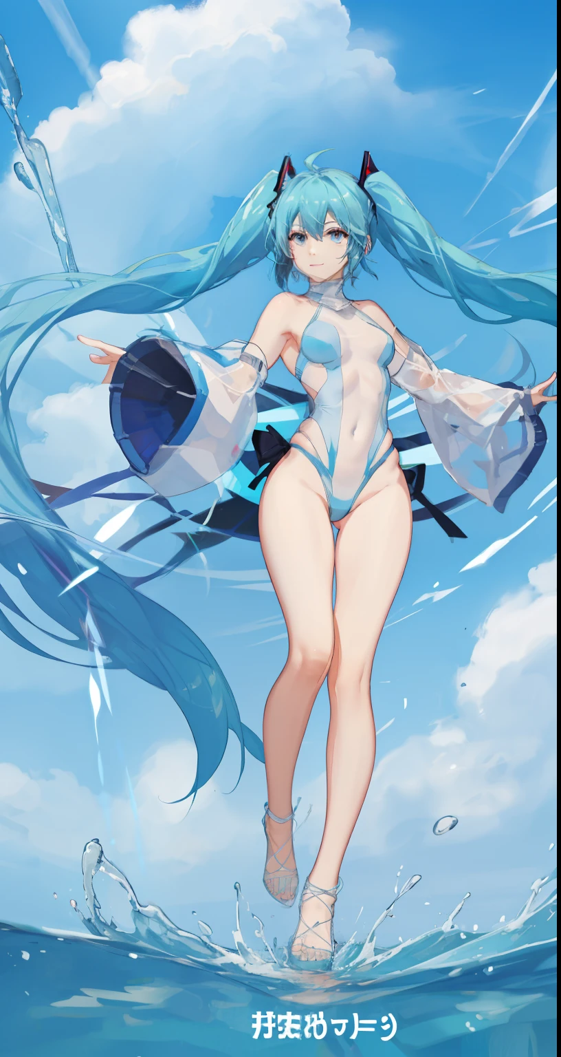 (master piece), (best quality), (4k definition), (anatomy; perfect), Hatsune Miku character, 1 girl, fair skin, blue eye, blue hair), (Locks, bangs), hair tied on both sides , (hair lighting effects), eyebrow, nose, ear, tight mouth, smile, (bright skintight swimsuit), thick legs thick thighs, standing, backdrop, in the park, beautiful day, lighting, looking at the Viewer