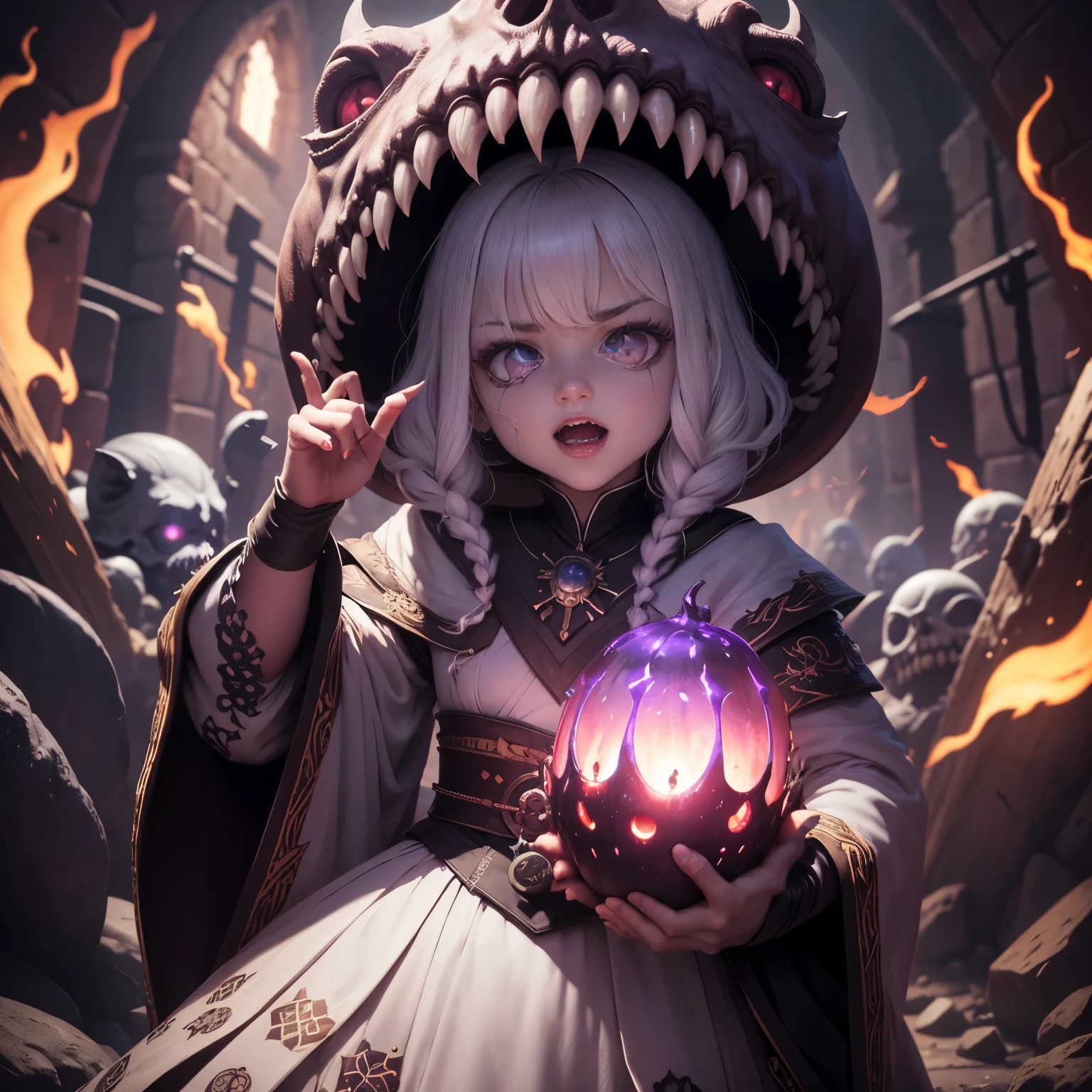 Uma criatura, entidade, caos nuclear, Azathoth. Deusa Cega, Vendas ensanguentadas cobrindo seus olhos, cabelos brancos, boca coberta por correntes, white kimono with blood petals, demonio, bestial skull, correntes ensanguentadas, preso, ossos Behemoth, manic eye aberration, membros suturados, tentacles, ossos, dentes, presas afiadas, acorrentado, expression of insanity, loucura, dungeon dungeon environment, 8k, qualidade ultra HD.