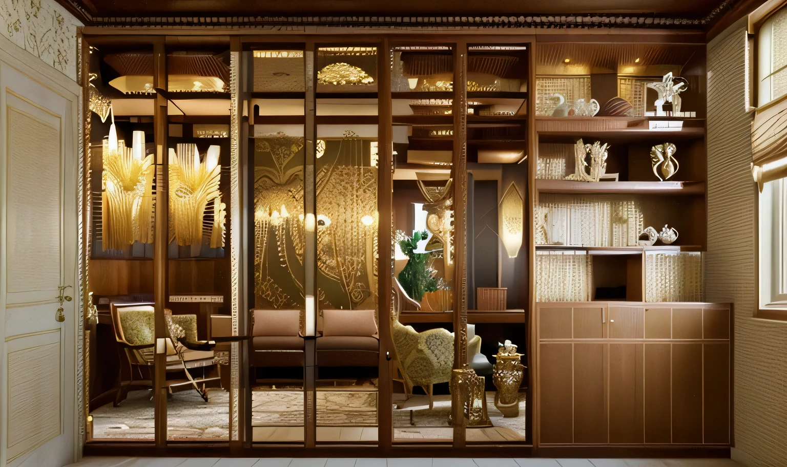 The ceiling is designed to be high and embellished with traditional details such as floral patterns, creating an elegant and charming atmosphere. The main wall often utilizes deep colors like red, dark green, or brown to accentuate the space. Classic paintings, fabric panels, or antique mirrors hung on the wall also add sophistication and refinement. The furniture comprises sofas and cushioned chairs crafted from premium materials and adorned with traditional floral patterns. A luxurious wooden coffee table with exquisite details or intricately carved floral motifs is chosen. Seating areas are creatively arranged to offer both comfort and functionality to the occupants. Natural light is embraced through large windows, creating a magnificent natural tableau within the room. Ornate chandeliers or decorative lights with a classic design, such as crystal pendant lamps or chandeliers, serve as focal points, enhancing the room's opulent beauty. Additionally, the use of decorative items like throw pillows, area rugs, or traditional patterned décor elements such as antique ceramics, handmade crafts further enriches the beauty and complexity of the living room space.