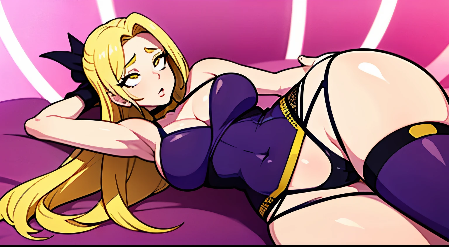 Crie para min duas garotas super sexy com calcinha pequena e com peitos grandes, uma com, blonde hair, yellow eyes e a outra com purple hair, purple eyes, estilo 2D, Disney.
