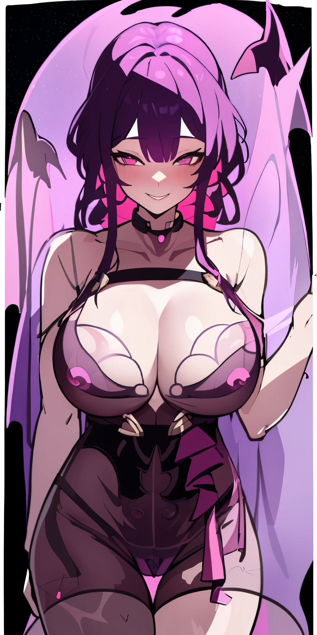 (masterpiece, 8k, best quality), Vampire, (transparent clothes:1.5), (thin fabric:1.3), bat wings, night sky, red moon, yandere smile, psychopathic smile, blood on face, blooded background, evil smile, teeth fangs, duotone eyes, cleavage,  large breasts, revealing cleavage, pulling dress down, big boobs, squeezing breasts, lustful face, biting lips, blushing, vivid colors, high contrast, colorful, wallpaper, purple lingerie, see-through lingerie, garter belt, purple panties, (transparent:1.6), visible panty, white pantyhose, Chinese dress