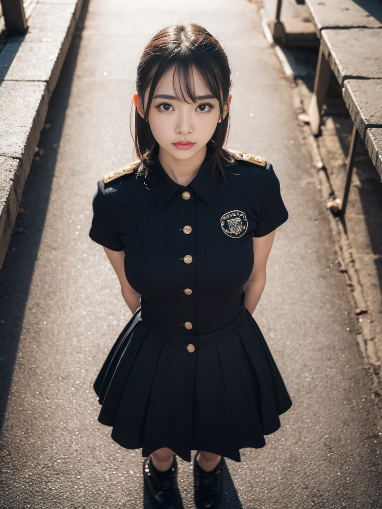 1 girl, ((Full body)), Ultra-realistic capture, Highly detailed, high resolution 16k closeup of human skin. Skin texture must be natural, with enough detail to finely identify pores. Skin should look healthy, in a uniform tone. Use natural light and color, black striated hair, striated hair, Black short hair, ((Full body)), dynamic pose, From above, UHD, retinas, masterpiece, accurate, Anatomically correct, Super Detail, Textured skin, high details, High quality, Best Quality, high resolution, 1080p, HD, 4K, 8K