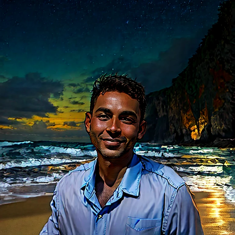 homem na praia, oceano ao fundo, alegre, anime, praia a noite