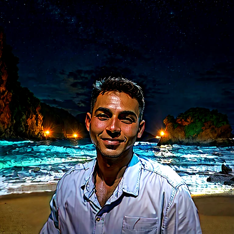 homem na praia, oceano ao fundo, alegre, anime, praia a noite