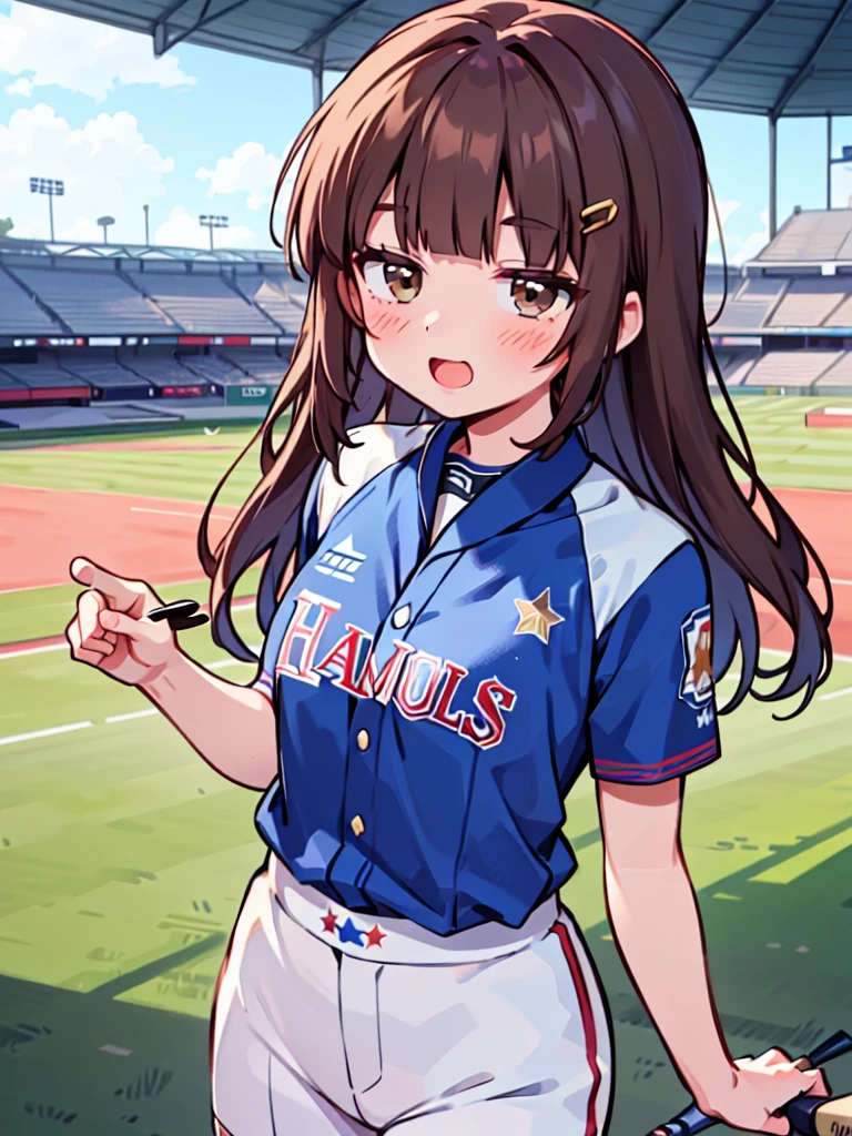 1 beautiful girl, (solo), wink, ((Blunt bangs)), brown hair, brown eyes, long hair, ((gold-star-hairpin on her right bang)), ((baseball uniform)), ((indigoblue stripe uniform)), YOKOHAMA TAIYO Whales, Uniform no.67, Left Wing Seats at the baseball stadium, jump up and down with excitement, high-kick, looking forward,
