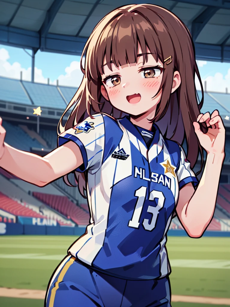 1 beautiful girl, (solo), wink, ((Blunt bangs)), brown hair, brown eyes, long hair, ((gold-star-hairpin on her right bang)), ((baseball uniform)), ((indigoblue stripe uniform)), YOKOHAMA TAIYO Whales, Uniform no.67, Left Wing Seats at the baseball stadium, jump up and down with excitement, high-kick, looking forward,