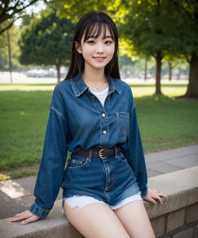 a 20 yo woman、Komono、a park、beautiful thigh、Movie Lighting、high detailing, depth of fields, 135 mm, Hasselblad, nffsw, masutepiece, tre anatomically correct, Textured skin, Super Detail, high details, High quality, awardwinning, Best Quality, hight resolution, retinas, ccurate、de pele branca,A smile