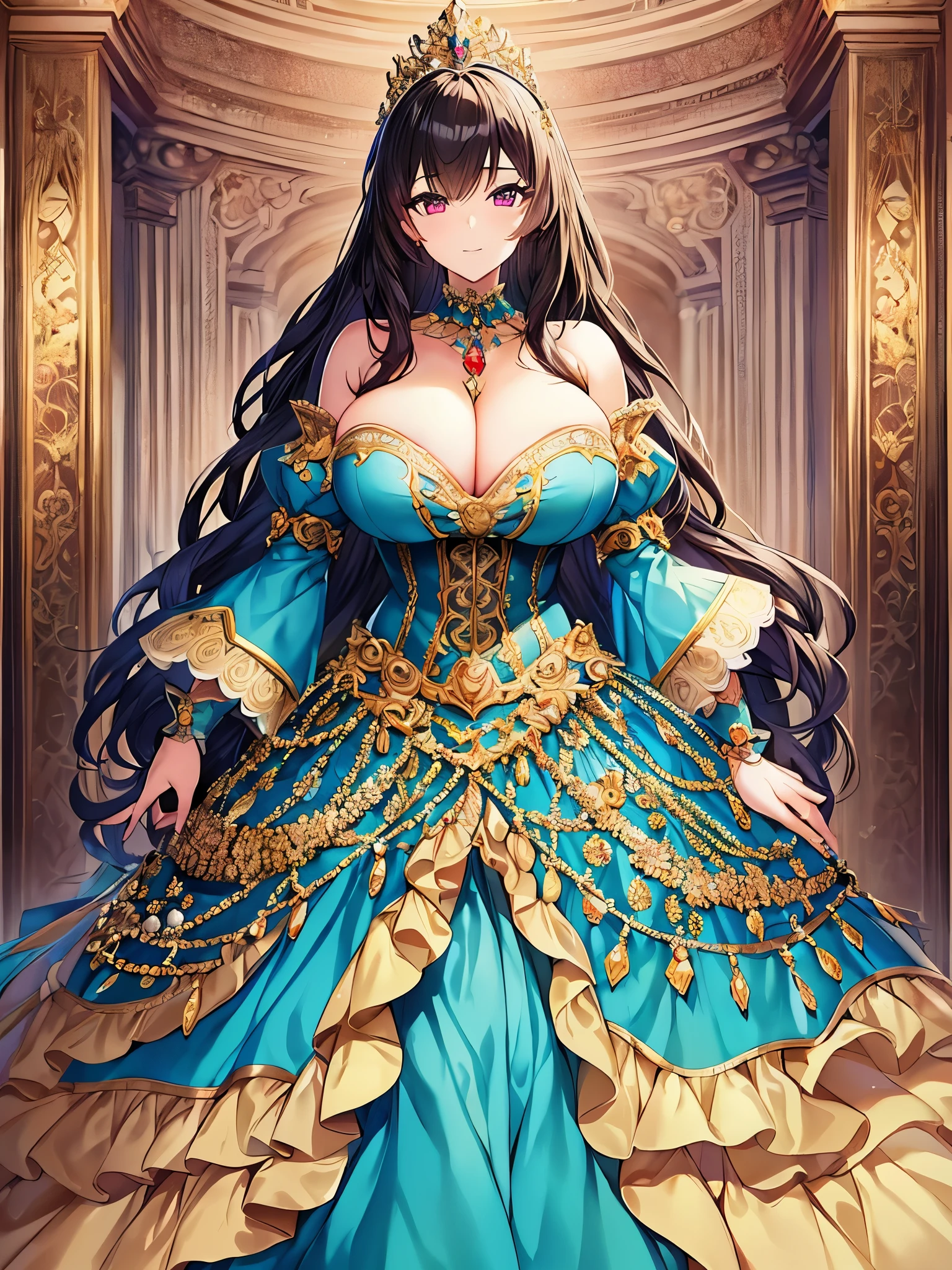 ((anime artstyle)),(Masterpiece),(Best Quality), (Super Detail),((Very Delicate and Beautiful)),(((Solo))),((full body)),(((1 princess in beautiful embroidery and jeweled gorgeous princess rococo ballgown with voluminous hoop skirt))),((crinoline)),Long train,((bling-bling)),(gorgeousfull embroidery and lace),(gorgeous gemstone jewelry),detailed face and eyes,jewel-like eyes,((extremely voluminous straight Hair,Very Long Straight Hair)),(((gigantic boobs))),cleavage,gorgeousfull hair ornament,((gorgeousfull glitter jeweled tiara)),throne room,(standing in castle),luxury palace,((Dynamic Angle)),Looking at viewer,((beautiful embroidery and jeweled gorgeous princess rococo ballgown with voluminous hoop skirt)),full body