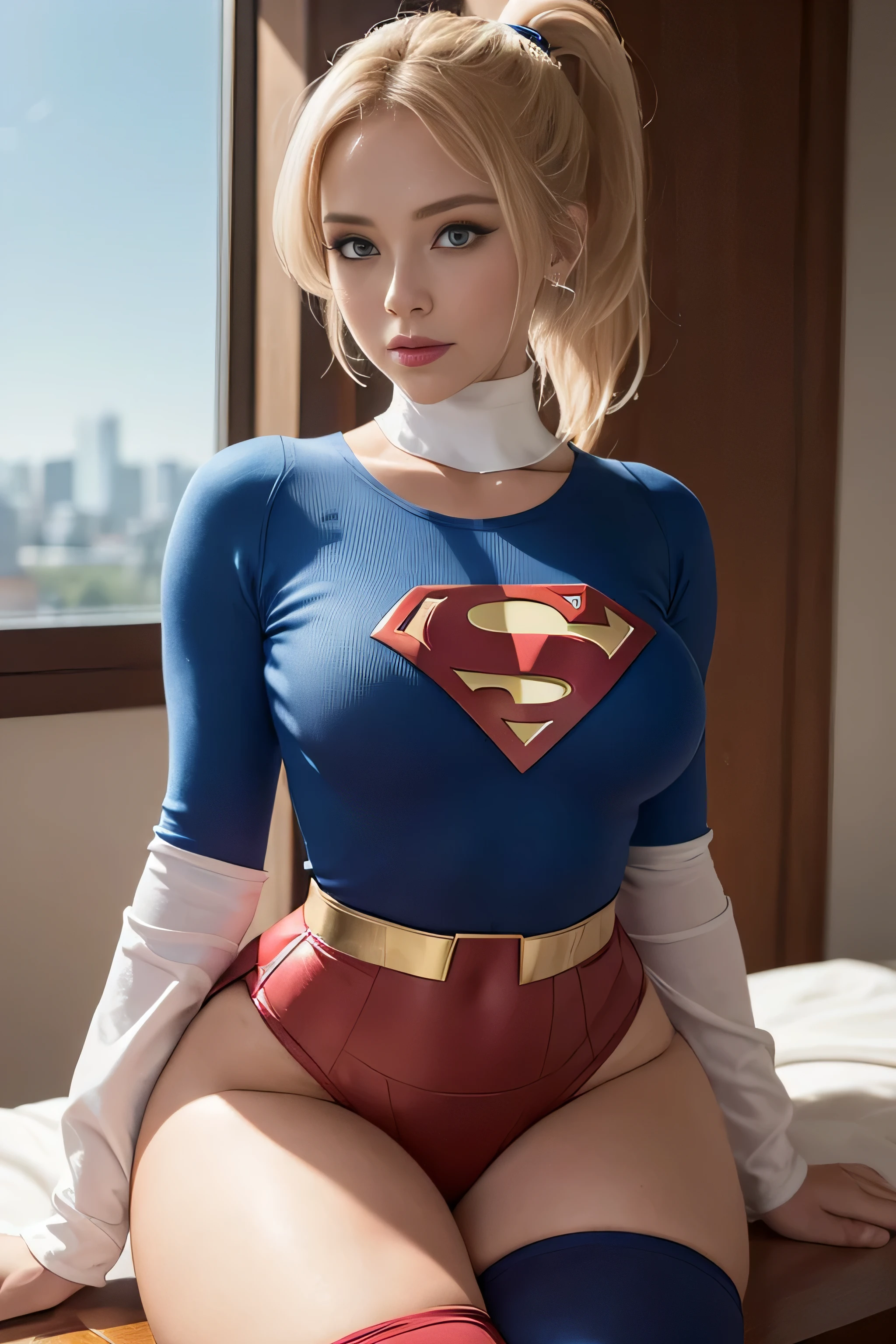 4k, realistic, charismatic, very detailed, there is a girl in the sky, dressed in a super girl costume, she is a super girl, superhero theme, blonde short hair, ponytail, 20 years, full body, (detail in the eyes), (detail in the face), incredibly beautiful, blue eyes, blush, makeup, red lipstick, miniskirt, (wide hips),  (thick thighs), small breasts, dress,, seductive pose, (extreme hourglass figure), thin, svelte, white skirt, boots, tight t-shirt