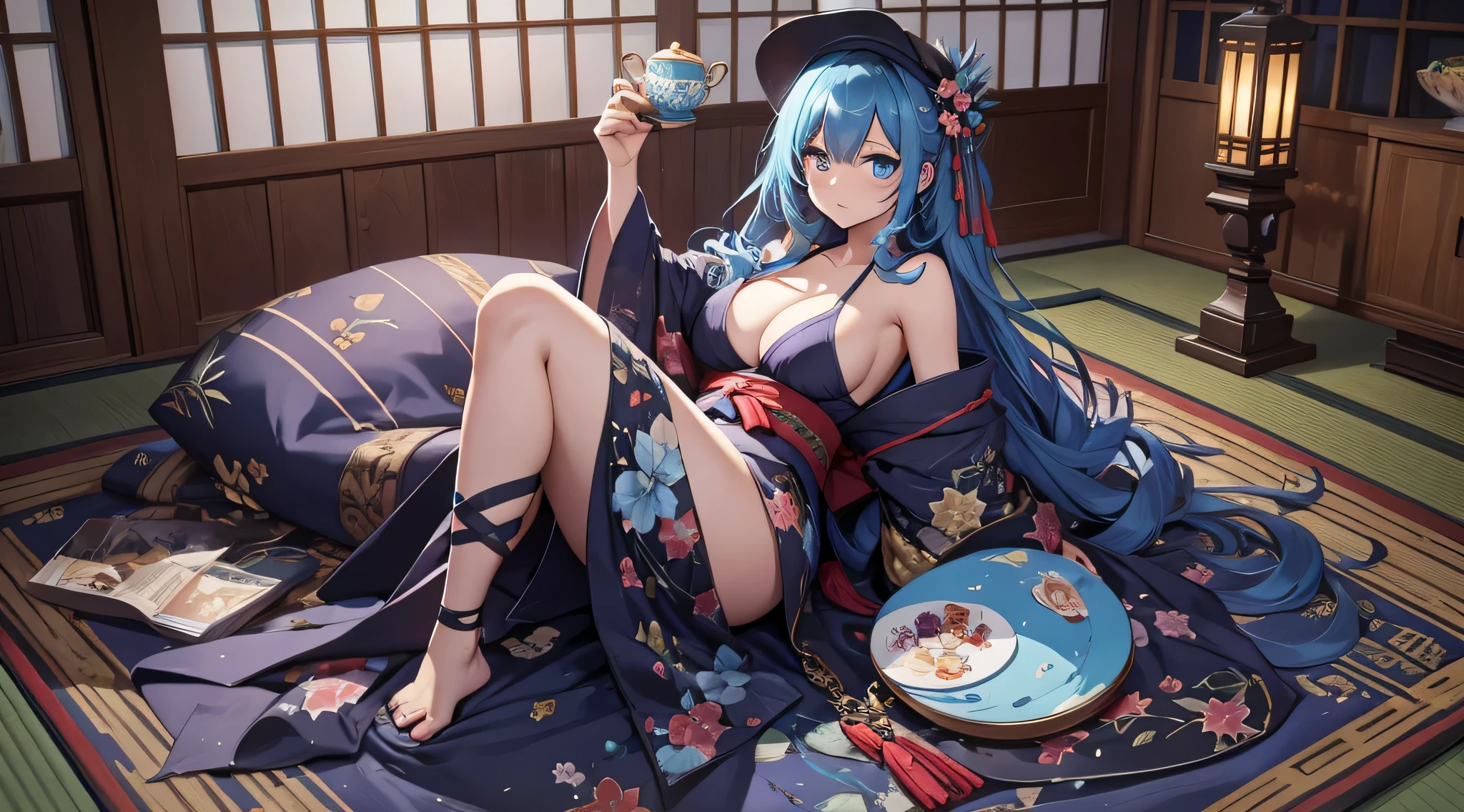 top-quality、Top image quality、masterpiece、s girl((18year old、 Ager、Best Bust、Medium bust,wide open breast tea、light blue eyerest, Black and light blue hair、A slender,Large valleys、dye one's cheeks red、disheveled black yukata、Sit up、Being drunk、Bright red in the face、Disturbed pose、sexypose、seductiv)),hiquality、Beautiful Art、Background with((Ryokans in Japan、Night Hostel、Ryokan rooms、Tatami mats、Sake、dark ilumination、Futon/bed linen set、depth of fields、movie、