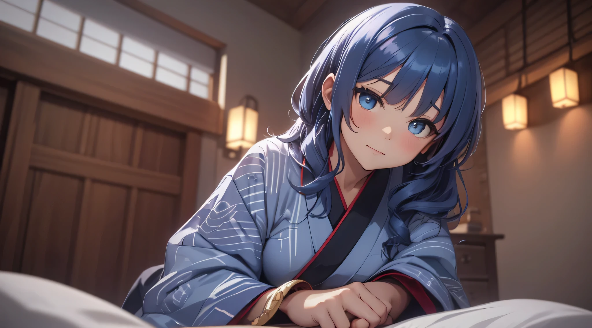 top-quality、Top image quality、masterpiece、teens girl((18year old、 Ager、Best Bust、Medium bust,wide open breast tea、light blue eyerest, Black and light blue hair、A slender,Large valleys、dye one's cheeks red、disheveled black yukata、Sit up、Being drunk、Bright red in the face、Disturbed pose、sexypose、seductiv)),hiquality、Beautiful Art、Background with((Ryokans in Japan、Night Hostel、Ryokan rooms、Tatami mats、Sake、dark ilumination、Futon/bed linen set、depth of fields、movie、