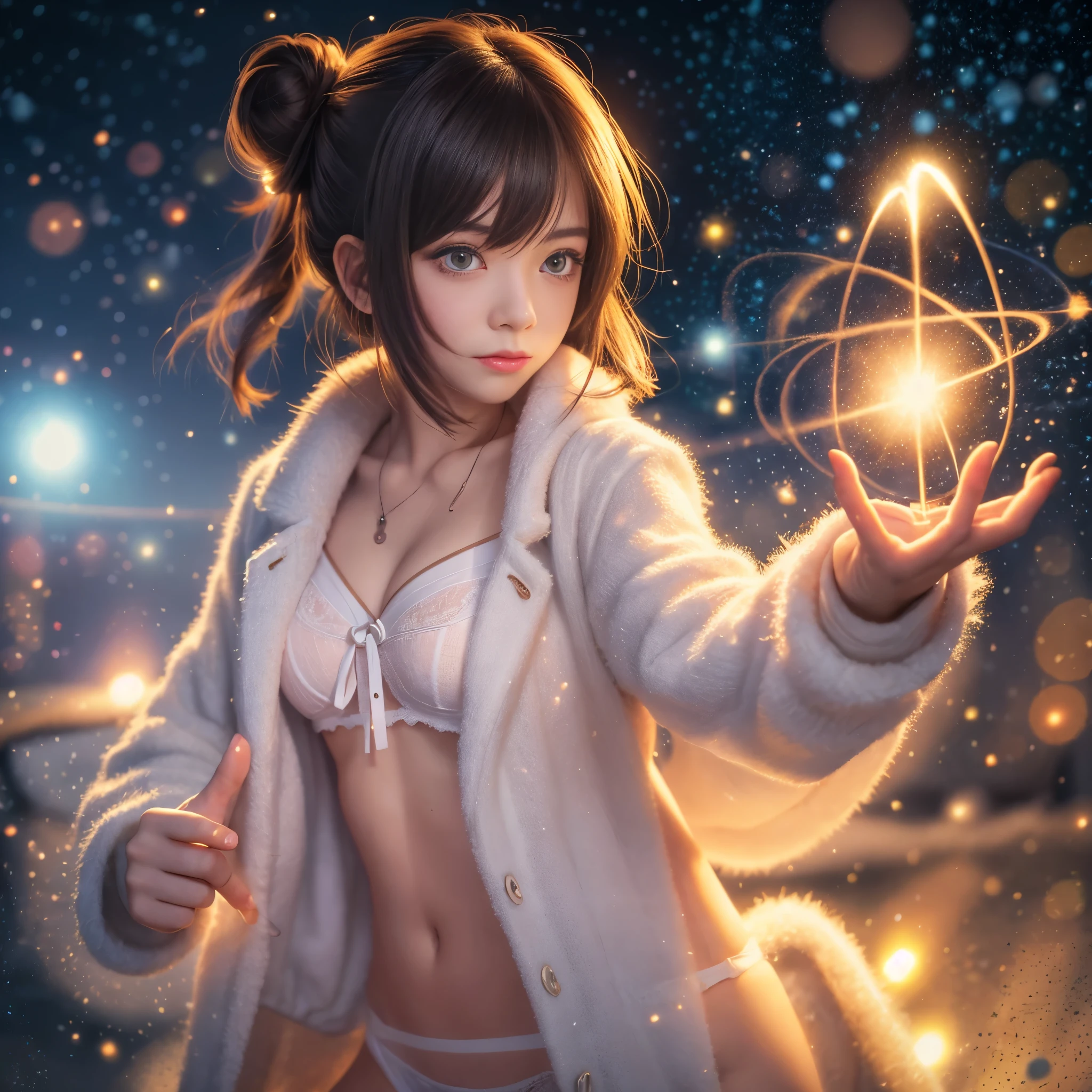 (Raw photo:1.2), (Photorealistic), Beautiful detailed girl, Very detailed eyes and face, Beautiful detailed eyes, Huge file size, High resolution, Very detailed, Best Quality, [masutepiece:1.6], Illustration, Very detailed, Fine detail, Best Quality, 8K Wallpaper, Movie Lighting,-yeld hischool girl, , Snowy night sky, Unleash magic from your hands, Fantastic sight,Underwear, Bun hair, Underwearで,White bra,  You can see the white panties, Slim body, Young Face, Smaller chest, Immature body, sparkling magic