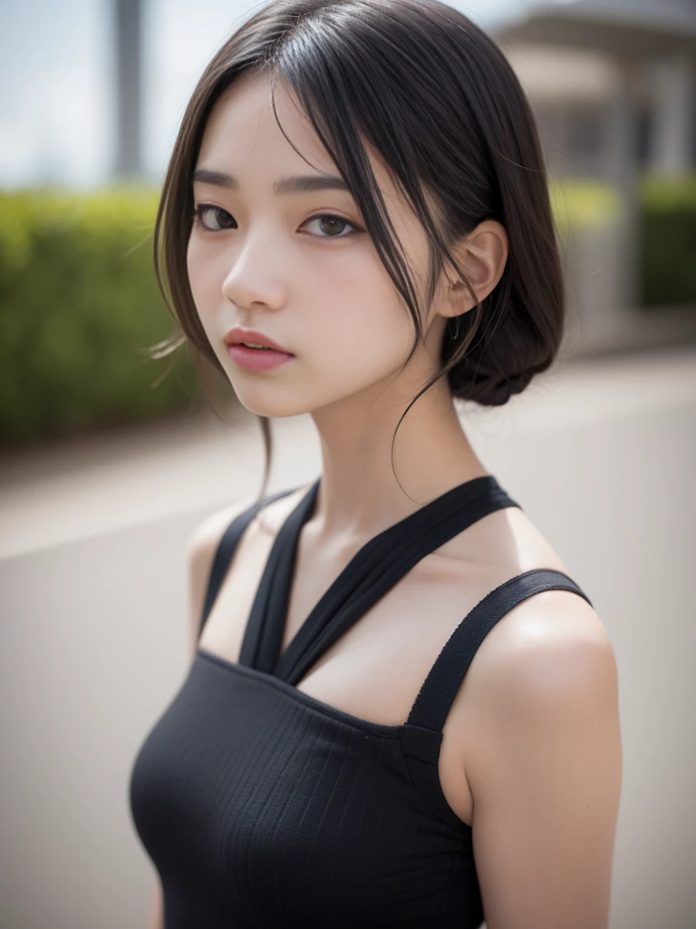 1 girl, ((Full body)), Ultra-realistic capture, Highly detailed, high resolution 16k closeup of human skin. Skin texture must be natural, with enough detail to finely identify pores. Skin should look healthy, in a uniform tone. Use natural light and color, black striated hair, striated hair, Black short hair, ((Full body)), arched back, From below, UHD, retinas, masterpiece, accurate, Anatomically correct, Super Detail, Textured skin, high details, High quality, Best Quality, high resolution, 1080p, HD, 4K, 8K