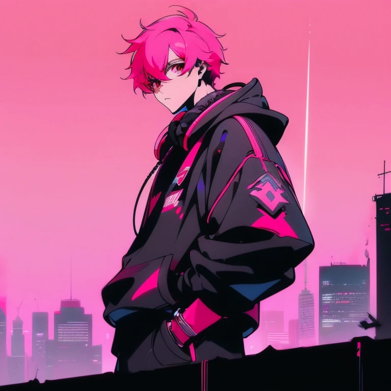 (short-cut), (Two-block hair), (vivid pink hair), (male character), (Red Eyes), (Cool pose), (of the highest quality), (masterpiece), (ultra-detailliert), (Oversized hoodies), (Street), (neons), (Camera from low angle), (Modern City), (neonsデイライト), (Cinematic), (Stylish), (hight resolution), (Hyper Detailed), (Looking at the camera), (Anime-style), (Softtown), (nightcore), (a handsome man), (Listening to music through headphones), (natural appearance of the building), (casual), (ig studios anime style), (Standing Pose),